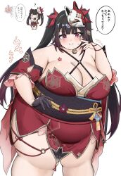 1girl 7sufyfhysfsdkn0 bell black_choker black_gloves black_hair blush breasts chibi chibi_inset choker cleavage criss-cross_halter detached_sleeves dress eating facial_mark fat fox_mask gloves halterneck heart heart_facial_mark highres honkai:_star_rail honkai_(series) large_breasts long_hair looking_down mask mask_on_head neck_bell nervous obese obi purple_eyes red_dress sash short_sleeves simple_background single_glove solo_focus sparkle_(honkai:_star_rail) speech_bubble sweat thick_thighs thighs thinking translation_request twintails v-shaped_eyebrows very_long_hair weight_gain white_background