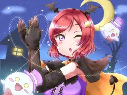 Rule 34 | 1girl, 717 waso, ;), ;o, artist name, artist request, black cape, black choker, black gloves, black hairband, black tail, blue sky, blush, branch, breasts, cape, choker, clapping, crescent moon, cross-laced clothes, cross-laced dress, dancing stars on me!, demon tail, dress, elbow gloves, fake wings, female focus, ghost, gloves, hair between eyes, hair ornament, hairband, halloween, heart, heart tail, looking at viewer, love live!, love live! school idol project, moon, night, night sky, nishikino maki, one eye closed, orange cape, outdoors, parted lips, purple dress, purple eyes, red hair, short hair, sky, smile, solo, star (sky), star (symbol), star hair ornament, tail, tree, upper body, waso (717 waso), wings