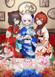 3girls :3 :d ange_katrina ange_katrina_(new_year) animal animal_ears animal_hair_ornament animal_on_shoulder animal_print anniversary banken_(inui_toko) bird bird_on_shoulder bird_print black_gloves black_hair black_sash blue_eyes blue_flower blue_hair blue_kimono blue_rose bottle bow braid brown_hair cake chaise_longue champagne_flute clothed_animal colored_inner_hair commentary_request crown_braid cup cupcake dog_ears dog_girl drinking_glass floral_print floral_print_gloves floral_print_kimono flower food food_request gloves gradient_eyes grey_sash hair_flower hair_ornament hair_over_shoulder hand_on_own_chest haruwo heterochromia highres holding_another&#039;s_arm indoors inui_toko inui_toko_(4th_costume) japanese_clothes kimono lace lace_gloves lize_helesta lize_helesta_(6th_costume) long_hair long_sleeves looking_at_viewer low_twin_braids low_twintails macaron monocle multicolored_eyes multicolored_hair multicolored_sash multiple_girls nail_polish nijisanji obi obiage obijime open_mouth orange_flower orange_sash own_hands_together photo_(object) picture_frame pink_bow pink_petals plate print_kimono purple_eyes red_eyes red_hair red_kimono red_nails red_sash rose sanbaka_(nijisanji) sash sebastian_piyodore side-by-side single_hair_intake sitting smile streaked_hair table tiered_tray twin_braids twintails two-tone_hair very_long_hair virtual_youtuber white_hair white_kimono white_sash yellow_bird yellow_eyes
