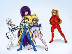 1boy 4girls ayanami_rei breasts bulge eiken erection erection_under_clothes femdom gigantic_breasts groping highres huge_breasts ikari_shinji makinami_mari_illustrious mecha_pilot_suit misono_kirika multiple_girls neon_genesis_evangelion plugsuit_(evangelion) size_difference souryuu_asuka_langley tall_female