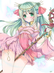 1girl bug butterfly cecile_leica_engel_berglund elf green_eyes green_hair insect iris_mysteria! long_hair miyamori_raira off_shoulder pointy_ears staff thighs
