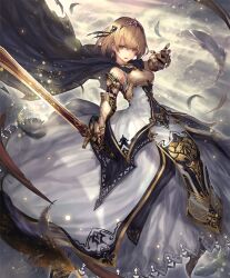 1girl armor armored_boots aurelia_(shadowverse) bare_shoulders blonde_hair blue_cape blue_eyes boots breasts cape cloud cloudy_sky crown dress feet_out_of_frame fighting_stance frilled_dress frills frown gauntlets gold_trim medium_breasts official_art sabaton shadowverse short_hair sky solo standing sword tachikawa_mushimaro weapon