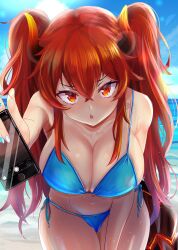 1girl absurdres bad_tag beach bikini breasts highres large_breasts ocean red_hair swimsuit tagme water