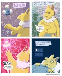 1boy 4koma baseball_cap battle blanket bummerdude comic commentary crescent_moon energy english_commentary english_text ethan_(pokemon) floating gameplay_mechanics gen_1_pokemon gen_2_pokemon hat holding holding_pendulum hypno indoors insomnia_(pokemon) jumpluff lying moon narration night night_sky nintendo on_bed pendulum pillow pokemon pokemon_(creature) pokemon_ability pokemon_move powder psychic_(pokemon_move) shorts silhouette sky sleep_powder_(pokemon) square_4koma standing star_(sky) starry_sky telekinesis watermark web_address window