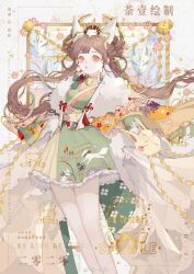 1girl animal_ears bare_legs bell blunt_bangs brown_hair chinese_commentary closed_mouth commentary_request commission double_bun dress expressionless eyelashes feet_out_of_frame floating_hair fox_ears fox_mask fox_print fur_shawl green_kimono hair_bun highres japanese_clothes kimono kimono_dress layered_sleeves light_frown lips lolita_fashion long_sleeves looking_at_viewer mask orange_eyes original picture_frame pink_lips sample_watermark shawl shide short_dress sleeves_past_wrists solo standing too_many_watermarks tu_yi twintails unworn_mask wa_lolita watermark wavy_hair white_background white_mask white_shawl white_sleeves wide_sleeves