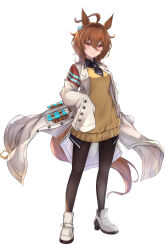 1girl agnes_tachyon_(umamusume) ahoge animal_ears black_necktie black_pantyhose black_shirt boots brown_hair chemical_structure collared_shirt commentary_request cork earrings empty_eyes high_heels horse_ears horse_girl jewelry lab_coat long_sleeves looking_at_viewer messy_hair necktie pantyhose peperoncino-sama red_eyes shirt short_hair single_earring sleeves_past_fingers sleeves_past_wrists smile solo sweater sweater_vest test_tube umamusume white_boots yellow_sweater