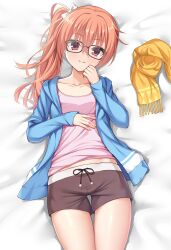 1girl \||/ black-framed_eyewear blue_jacket blush bow breasts brown_shorts casual clenched_hand closed_mouth collarbone commentary commission cowboy_shot eyes_visible_through_hair fringe_trim glasses hair_between_eyes hair_bow hand_up happy highres hood hooded_jacket inaba_meguru jacket long_hair looking_at_viewer lying ncontrail_(mgax7527) official_alternate_costume official_alternate_hairstyle on_back open_clothes open_jacket orange_hair pink_shirt red_eyes sanoba_witch scarf shiny_skin shirt shorts side_ponytail skeb_commission sleeves_past_wrists small_breasts smile solo thigh_gap tsurime unworn_scarf white_bow yellow_scarf