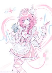 Rule 34 | 1boy, 1girl, amorfati0811, apron, blue eyes, commentary, cyrene (honkai: star rail), dress, english commentary, hat, highres, holding, holding chibi, holding syringe, honkai: star rail, honkai (series), medium hair, multicolored hair, nurse, nurse cap, phainon (honkai: star rail), pink dress, pink hair, smile, striped clothes, striped thighhighs, syringe, thighhighs, two-tone hair, white apron, white hair, wrist cuffs