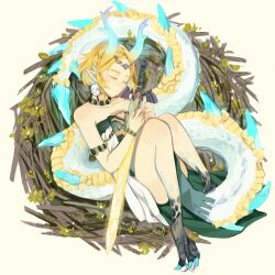 1girl armlet bare_shoulders blonde_hair bracelet braid circlet closed_eyes closed_mouth collarbone crown_braid dragon_claw dragon_girl dragon_horns dragon_tail dress earrings eastern_dragon_horns eastern_dragon_tail green_dress horns hugging_object jewelry jiaoyan_chacha light_dragon_(zelda) master_sword necklace nest nintendo pointy_ears princess_zelda solo spoilers strapless strapless_dress tail the_legend_of_zelda the_legend_of_zelda:_tears_of_the_kingdom thighs two-tone_dress very_long_tail white_dress yellow_background