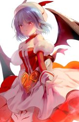 1girl alternate_costume bare_shoulders bat_wings beret blue_hair breasts commentary_request cowboy_shot dress female_focus grin hat heart long_sleeves looking_at_viewer off-shoulder_dress off_shoulder parted_lips red_dress red_eyes remilia_scarlet short_hair simple_background small_breasts smile solo standing touhou white_background white_hat wings yuki_(popopo)