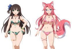 2girls animal_ears armlet bikini blush bracelet breasts bruise ceri_(sakura_dungeon) clenched_hand fox_ears fox_girl fox_tail game_cg injury jewelry legs long_hair multiple_girls navel necklace ribbon sakura_dungeon shiny_skin surprised swimsuit tail yomi_(sakura_dungeon)