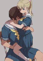 2girls blonde_hair blue_eyes blue_skirt brown_hair closed_eyes commentary grey_background highres kei_(m_k) looking_at_viewer m_k multiple_girls original ponytail rika_(m_k) sailor_collar school_uniform serafuku short_hair simple_background skirt symbol-only_commentary thighs tomboy white_sailor_collar yuri
