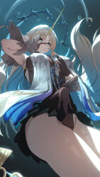 1girl absurdres bare_legs black_dress blonde_hair blue_eyes blue_hair breasts chinese_commentary closed_mouth colored_inner_hair commentary_request crown_of_thorns dress fleurdelys_(wuthering_waves) from_below hand_on_own_face hand_on_own_stomach highres horns huge_breasts legs long_hair long_horns looking_at_viewer multicolored_hair pointy_ears single_horn solo very_long_hair wuthering_waves yellow_horns yuyiosang
