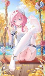 1girl absurdres anus bare_shoulders blue_eyes blue_sky breasts censored commentary_request cyrene_(honkai:_star_rail) dress garter_straps hair_ornament highres honkai:_star_rail honkai_(series) jndfh lake leg_up looking_at_viewer medium_hair mosaic_censoring multicolored_hair on_swing outdoors pink_hair pussy sky small_breasts soles solo swing swing_set thighhighs thighs toes tongue tongue_out two-tone_hair variant_set water white_dress white_hair white_thighhighs wooden_floor