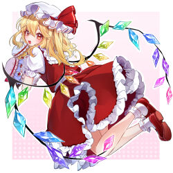 1girl absurdres blonde_hair blush border bow character_doll commentary_request crystal crystal_wings doll flandre_scarlet frilled_shirt_collar frilled_skirt frilled_sleeves frilled_socks frills full_body hat hat_bow highres holding holding_doll jumping looking_at_viewer looking_back mary_janes mob_cap multicolored_wings one_side_up open_mouth outline outside_border partial_commentary pink_background puffy_short_sleeves puffy_sleeves red_bow red_eyes red_footwear red_skirt red_vest remilia_scarlet samon_(vxxr8575) shirt shoes short_sleeves skirt skirt_set smile socks touhou vest white_border white_hat white_outline white_shirt white_socks wings