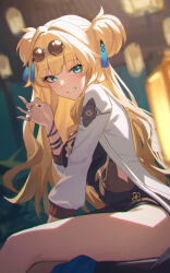 Rule 34 | 1girl, absurdres, aqua eyes, black dress, black jacket, blonde hair, blurry, blurry background, blush, breasts, dress, eyewear on head, glasses, hair intakes, hair ornament, hand up, highres, honkai (series), honkai impact 3rd, jacket, jewelry, long hair, long sleeves, medium breasts, multiple rings, open mouth, pince-nez, ring, round eyewear, shali, sitting, smile, songque, songque (astralop), teeth, thighs, tinted eyewear, two side up, very long hair