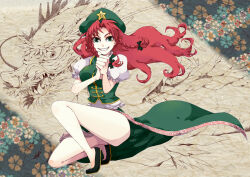 Rule 34 | 1girl, dragon, dragon print, floral print, full body, green eyes, green hat, green skirt, green vest, hat, hong meiling, looking at viewer, print background, red hair, shirt, skirt, smile, solo, squatting, thighs, touhou, vest, white shirt, yukamaru (irooriba)