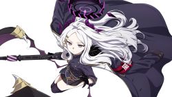 1girl ahoge armband black_gloves black_thighhighs black_wings blue_archive brilliantko buttons closed_mouth coat coat_on_shoulders demon_horns demon_wings fur-trimmed_coat fur_trim gloves gun halo highres hina_(blue_archive) holding holding_gun holding_weapon horns oversized_wings long_hair long_sleeves looking_at_viewer machine_gun mg42 military military_uniform multiple_horns parted_bangs purple_eyes simple_background solo thighhighs weapon white_background white_hair wings
