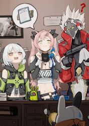 Rule 34 | 1boy, 2girls, ?, absurdres, amillion (zenless zone zero), anby demara, bangboo (zenless zone zero), billy kid, black gloves, brown eyes, closed mouth, cowboy shot, desk, dodo (yatotoyatoto), eous (zenless zone zero), gloves, green eyes, hair between eyes, headphones, highres, indoors, jacket, long hair, looking at another, multiple girls, navel, nicole demara, open mouth, red jacket, sidelocks, smile, speech bubble, standing, white hair, zenless zone zero