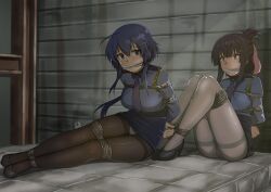 2girls absurdres arms_behind_back bdsm black_footwear blue_eyes blue_hair blue_necktie blue_shirt blue_skirt blunt_bangs blush bondage bound bound_together breasts brown_pantyhose cloth_gag collared_shirt commentary english_commentary folded_ponytail furrowed_brow gag gagged green_eyes hair_between_eyes hair_ornament hairclip high_heels highres improvised_gag large_breasts long_hair long_sleeves looking_at_viewer mole mole_under_eye multiple_girls necktie panties panties_under_pantyhose pantyhose pencil_skirt police police_uniform policewoman restrained rope setouchi_chie shade shibari shirt sidelocks signature skirt sweat tied_up_(nonsexual) toji_no_miko underwear vakaosciosa variant_set yanase_mai