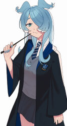 Rule 34 | 1girl, :3, absurdres, alternate costume, arm at side, asymmetrical bangs, asymmetrical sidelocks, black robe, blue eyes, blue hair, blue nails, blue necktie, blue robe, blue wings, breasts, closed mouth, coat of arms, collared shirt, colored tips, commentary, cosplay, curled fingers, diagonal-striped clothes, diagonal-striped necktie, dot nose, elira pendora, english commentary, eyebrows hidden by hair, fingernails, grey skirt, grey sweater vest, hair intakes, hair over one eye, hair over shoulder, hair wings, half-closed eyes, hand up, harry potter (series), head tilt, head wings, highres, hogwarts school uniform, holding, holding wand, hood, hood down, hooded robe, karassawa, long eyelashes, long hair, long sidelocks, long sleeves, looking at viewer, looking to the side, miniskirt, multicolored hair, narrowed eyes, necktie, nijisanji, nijisanji en, open clothes, open robe, parted bangs, patch, raised eyebrows, raised inner eyebrows, ravenclaw, robe, school uniform, shirt, sidelocks, simple background, skirt, smirk, solo, standing, striped clothes, sweater vest, thick eyelashes, tsurime, two-sided robe, two-tone necktie, two-tone wings, v-neck, virtual youtuber, wand, wavy hair, white background, white hair, white necktie, white shirt, white wings, wide sleeves, wing collar, wings, wizarding world