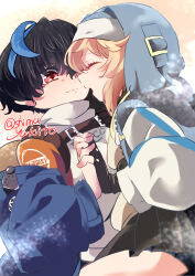2girls bike_shorts_under_skirt black_gloves black_hair blonde_hair blue_jacket blue_streaks breast_press breasts bridget_(guilty_gear) closed_eyes commentary couple fingerless_gloves genderswap genderswap_(mtf) gloves guilty_gear guilty_gear_strive guilty_gear_strive:_dual_rulers harness highres holding_hands hood hood_up hooded_jacket jacket multiple_girls red_eyes shima_yukito short_hair skirt smile symmetrical_docking tomboy unika_(guilty_gear) yuri