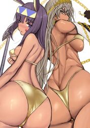 Rule 34 | 2girls, animal ears, arm under breasts, ass, bikini, blue eyes, body markings, breasts, butt crack, chain, closed mouth, crown, dark-skinned female, dark skin, earrings, embarrassed, fate (series), from below, gold bikini, grey hair, highres, holding, holding chain, huge ass, jewelry, large breasts, light blush, long hair, looking at viewer, medium breasts, multiple girls, muscular, muscular female, nitocris (fate), notonaon, purple eyes, purple hair, sideboob, sidelocks, single earring, swimsuit, underboob, wide hips, zenobia (fate)