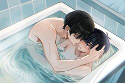 2boys bath bathing bathroom bathtub black_hair blue_eyes blue_lock blush closed_eyes hair_between_eyes hug hyohls2_(hamao3o) isagi_yoichi itoshi_rin male_focus multiple_boys nude same-sex_bathing shared_bathing short_hair water yaoi