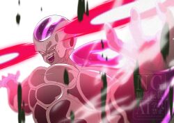 Rule 34 | 1boy, colored skin, dragon ball, dragonball z, energy disk, frieza, full power frieza, highres, kienzan, male focus, muscular, muscular male, open mouth, red eyes, simple background, solo, stktik09060906, upper body, white background, white skin