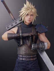1boy 3d aqua_eyes armor bandaged_arm bandages belt blonde_hair blue_pants blue_shirt brown_belt brown_gloves buster_sword closed_mouth cowboy_shot final_fantasy final_fantasy_vii final_fantasy_vii_remake gloves grey_background hair_between_eyes highres looking_at_viewer male_focus multiple_belts pants shirt short_hair shoulder_armor single_bare_shoulder single_shoulder_pad sleeveless sleeveless_turtleneck solo spiked_hair suspenders time-out_(gesture) trivia3d turtleneck weapon weapon_on_back