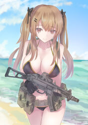 Rule 34 | absurdres, bandolier, belt, bikini, black bikini, black gloves, blue sky, breasts, brown eyes, brown hair, day, girls&#039; frontline, gloves, gun, h&amp;k ump, highres, holding, holding gun, holding weapon, large breasts, martinreaction, ocean, sky, submachine gun, swimsuit, ump9 (girls&#039; frontline), water, weapon