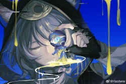 1girl absurdres animal_ears animal_hood ball black_gloves black_hood blue_background blue_eyes cat_ears cat_girl cat_hood cipher_(honkai:_star_rail) closed_mouth commentary crescent fingerless_gloves glitch gloves gold_trim grey_hair highres holding holding_ball honkai:_star_rail honkai_(series) hood hood_up looking_at_viewer nail_polish one_eye_closed qinglan1044 smile symbol-only_commentary upper_body watermark weibo_watermark