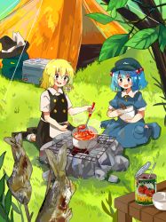2girls :d apron black_footwear black_skirt black_vest blonde_hair blue_dress blue_hair blush_stickers breasts camping can chopsticks cooking cooler dress fire_pit fish flat_cap grass hair_bobbles hair_ornament hat unworn_hat unworn_headwear holding holding_spoon kawashiro_nitori key kirisame_marisa leaf medium_hair multiple_girls on_grass open_mouth outdoors pot shirt shoes short_sleeves sitting skirt skirt_set small_breasts smile socks spoon tamagogayu1998 tent tomato touhou two_side_up vest waist_apron wariza white_apron white_legwear white_shirt witch_hat