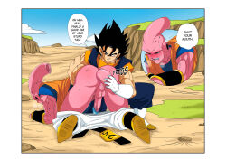 2boys absurdres amputee anal anal_object_insertion ass black_hair blush clenched_teeth clothes_pull colored_skin dildo dragon_ball dragonball_z earrings erection full-face_blush gloves highres improvised_dildo jewelry majin_buu majinbuusama male_focus multiple_boys object_insertion pants pants_pull pink_skin potara_earrings red_eyes sex_toy speech_bubble spiked_hair super_buu sweatdrop teeth testicles uncensored vegetto yaoi