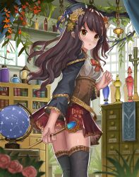 1girl ame_sagari blue_hat blue_shrug blue_sleeves bookshelf bow bowtie brown_corset brown_hair commentary_request corset cowboy_shot cross-laced_clothes cross-laced_corset daisy_(flower) fantasy fingernails flower food-themed_hair_ornament globe grape_hair_ornament grey_thighhighs hair_flower hair_ornament hat hat_bow holding holding_wand indoors long_hair long_sleeves looking_at_viewer mini_hat miniskirt orange_bow orange_bowtie original parted_lips plant pleated_skirt potion potted_plant purple_bow red_skirt rose scenery shell shirt skirt solo thighhighs wand white_flower white_shirt yellow_eyes yellow_flower yellow_rose