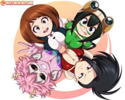 4girls ashido_mina asui_tsuyu black_eyes black_hair blue_eyes boku_no_hero_academia breasts brown_eyes brown_hair cleavage colored_skin curvy female_focus large_breasts long_hair looking_at_viewer looking_up mask matching_hair/eyes multiple_girls orange_eyes pink_hair pink_skin reit smile standing uraraka_ochako very_long_hair watermark web_address yaoyorozu_momo