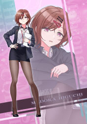 1girl black_choker black_jacket black_shoes black_skirt brown_hair brown_pantyhose character_name choker commentary full_body girugiru_(tektonics6588) higuchi_madoka holding holding_paper idolmaster idolmaster_shiny_colors jacket lanyard looking_at_viewer mahjong_soul mole mole_under_eye multiple_views office_lady pantyhose paper pencil_skirt red_eyes school_uniform shirt shirt_tucked_in shoes short_hair sitting skirt standing white_shirt