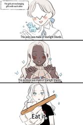 Rule 34 | 3girls, ascot, blindfold, blonde hair, blush, breasts, dark skin, duchess (elden ring), elden ring, elden ring nightreign, eye mask, gloves, highres, holding, long hair, milfcookiesimp, multiple girls, ponytail, recluse (elden ring), revenant (elden ring), simple background, white ascot, white gloves, yuri