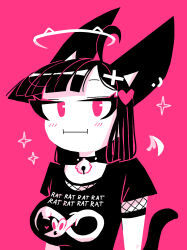 Rule 34 | 1girl, :|, ahoge, andaerz, animal ears, bell, black hair, blunt bangs, blush, breasts, cat ears, cat girl, cat girl (andaerz), cat tail, closed mouth, clothes writing, collar, detached wings, eyelashes, fishnet top, fishnets, hair ornament, hairclip, halo, heart, heart hair ornament, highres, infinity symbol, limited palette, long hair, looking at viewer, medium breasts, mouse (animal), neck bell, no nose, original, pink background, pink eyes, portrait, ribbon, shirt, simple background, solo, t-shirt, tail, wings
