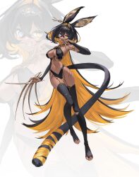 Rule 34 | 1girl, absurdres, animal ears, armlet, black hair, black thighhighs, blonde hair, blue eyes, breasts, claw (weapon), cleavage, colored inner hair, commentary, crossed bangs, dark-skinned female, dark skin, detached sleeves, earclip, forehead jewel, full body, hair between eyes, hair intakes, hand to own mouth, heterochromia, highres, jewelry, jyuuku, large breasts, long hair, long tail, looking at viewer, multicolored hair, nail polish, navel, no shoes, open mouth, original, revealing clothes, ribbon, scar, scar on hip, scar on leg, slit pupils, solo, stirrup legwear, tail, tail ornament, tail ribbon, thigh gap, thighhighs, toeless legwear, toenail polish, toenails, toes, two-tone hair, very long hair, weapon, yellow eyes, yellow nails, yellow ribbon, zoom layer
