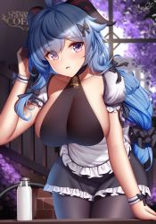 1girl alternate_costume bare_shoulders blue_hair blush breasts dress ganyu_(genshin_impact) genshin_impact highres horns large_breasts long_hair looking_at_viewer open_mouth purple_eyes solo thighs wsman