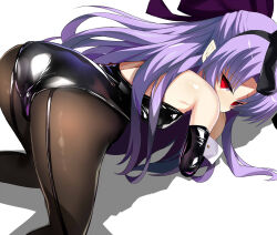 1girl all_fours animal_ears ass back-seamed_legwear bare_shoulders black_leotard black_pantyhose blue_hair bow detached_sleeves empty_eyes fake_animal_ears from_behind hair_bow highres kagetsu_tooya latex len_(tsukihime) leotard long_hair looking_back melty_blood pantyhose playboy_bunny pointy_ears rabbit_ears red_eyes ribbon seamed_legwear shimejinameko shiny_clothes solo strapless strapless_leotard top-down_bottom-up tsukihime wrist_cuffs