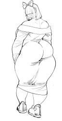 1girl ass back bare_shoulders blunt_bangs bow dress elf-san_wa_yaserarenai. from_behind full_body hair_bow hair_over_eyes hairband hitome_(elf-san_wa_yaserarenai.) long_sleeves looking_back monochrome open_mouth plump pointy_ears shoes sidelocks simple_background sneakers solo synecdoche tall_female thighs white_background