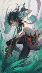 1boy absurdres back_cutout bishounen black_footwear black_gloves black_hair black_pants braid chinese_clothes clothing_cutout commentary dragon eastern_dragon english_commentary eyeshadow facial_mark floating_hair forehead_mark genshin_impact gloves green_hair highres holding holding_polearm holding_weapon kkamiiz magic makeup male_focus mask mask_on_belt medium_hair multicolored_hair oni_mask pants parted_lips polearm red_eyeshadow rope_belt shirt shoulder_tattoo single_braid sleeveless sleeveless_shirt solo spear tattoo weapon white_background white_shirt xiao_(genshin_impact) yellow_eyes