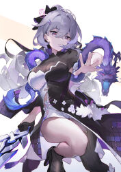 1girl asc11 black_dress black_footwear black_gloves breasts bronya_zaychik bronya_zaychik_(heart_of_the_night) bronya_zaychik_(silverwing:_n-ex) cleavage closed_mouth dragon dress eastern_dragon gloves grey_eyes grey_hair half_gloves high_heels highres honkai_(series) honkai_impact_3rd large_breasts long_hair official_alternate_costume see-through_cleavage see-through_clothes simple_background two-tone_dress white_background white_dress