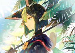 1boy animal_ear_fluff animal_ears black_gloves black_hair black_hood brown_eyes butterfly_net c_ixxp chinese_commentary closed_mouth commentary_request day flower fox_ears genshin_impact gloves green_eyes green_hair hair_between_eyes hand_net hand_up highres holding holding_butterfly_net hood hood_down looking_at_viewer male_focus medium_hair multicolored_eyes multicolored_hair outdoors portrait simple_bird single_ear_down smile solo streaked_hair sunlight tighnari_(genshin_impact) two-tone_eyes yellow_flower