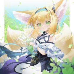 1girl absurdres animal_ears arknights bare_shoulders blonde_hair blue_hairband braid commentary dress earpiece english_commentary flower fox_ears fox_girl fox_tail green_eyes hairband highres holding holding_flower infection_monitor_(arknights) kitsune kyuubi lily_of_the_valley looking_at_viewer multiple_tails name_connection object_namesake open_mouth short_hair solo suzuran_(arknights) tail twin_braids xueding&#039;e_de_chou_xiongmao