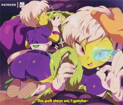 1boy 1girl ass bluethebone bodysuit broly_(dragon_ball_super) cheelai cleft_of_venus colored_skin crotch_rub dragon_ball dragon_ball_super dragon_ball_super_broly english_text gloves green_skin grey_hair hand_on_another&#039;s_head highres ok_sign paid_reward_available pelt purple_bodysuit scouter short_hair smile very_short_hair white_gloves