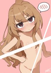 1girl aisaka_taiga blush brown_hair censored closed_mouth commentary completely_nude flat_chest hand_on_own_hip heart highres koonowen light_censor loli long_hair looking_at_viewer nude pink_background simple_background solo speech_bubble spoken_blush spoken_heart toradora!