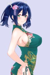 Rule 34 | 1girl, absurdres, alternate costume, blue hair, blush, breasts, china dress, chinese clothes, cowboy shot, dragon print, dress, green dress, green eyes, grey background, hair ornament, highres, kantai collection, large breasts, looking at viewer, nitamako (sakamalh), ribbon, smile, souryuu (kancolle), twintails